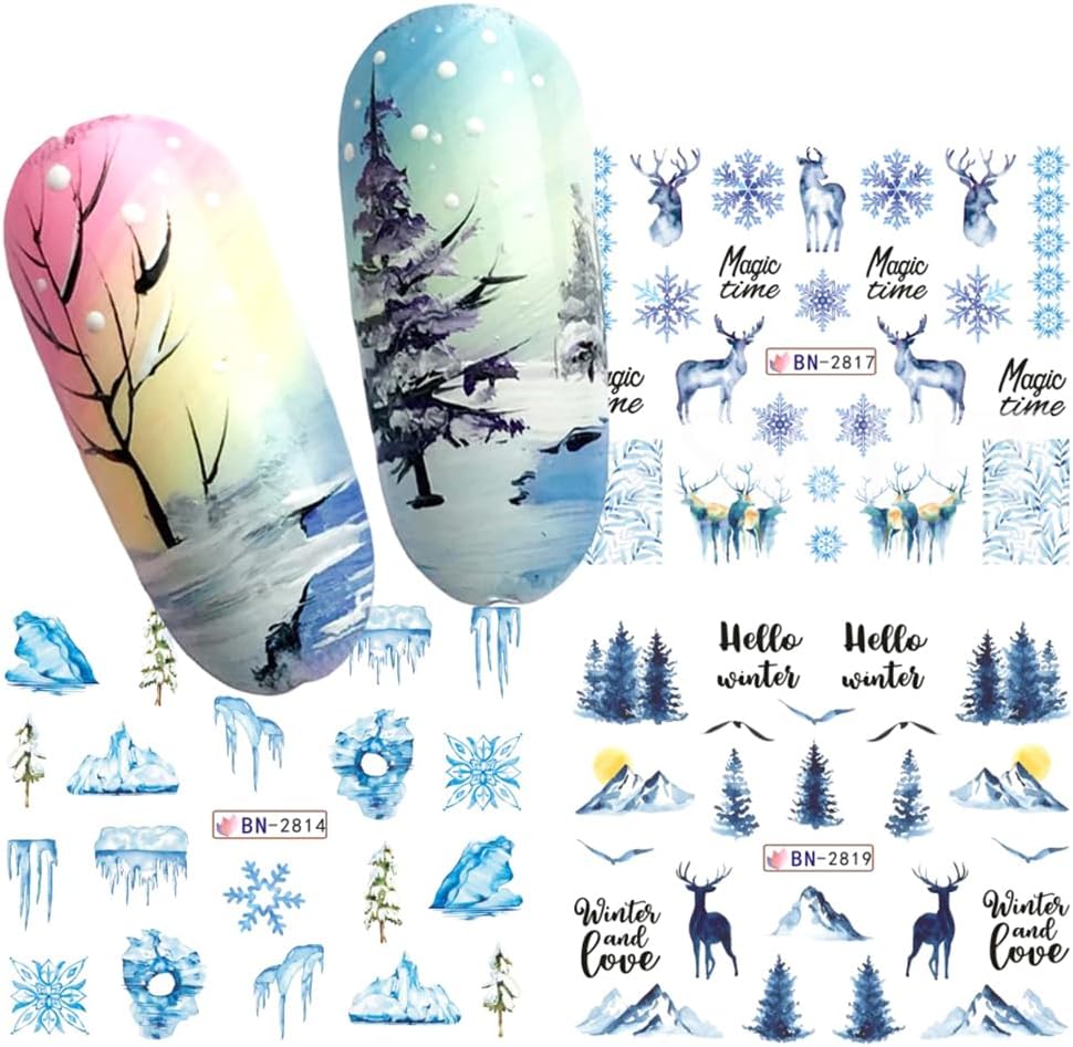 12 Sheets Snowflake Nail Art Stickers Water Transfer Nail Decals Christmas Nail Art Decorations Blue Snowflake Elk Santa Tree Bear Cute Winter Pattern Watermark Nail Stickers for Women DIY Nail Supply