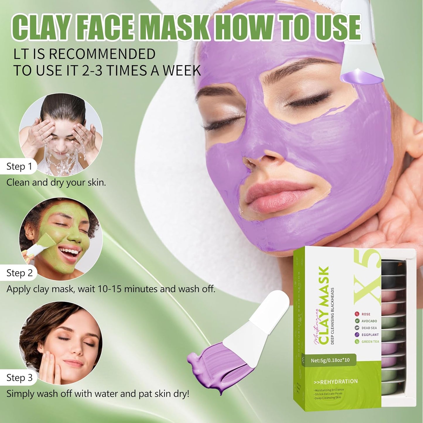 10 Pods Clay Facial Mask Set - Rose, Green Tea, Eggplant, Avocado, Dead Sea Mud, Mud Mask Deep Pore Cleansing Acne Blackhead Removal Men & Women Face Mask Skin Care,Two To Three Times A Week.