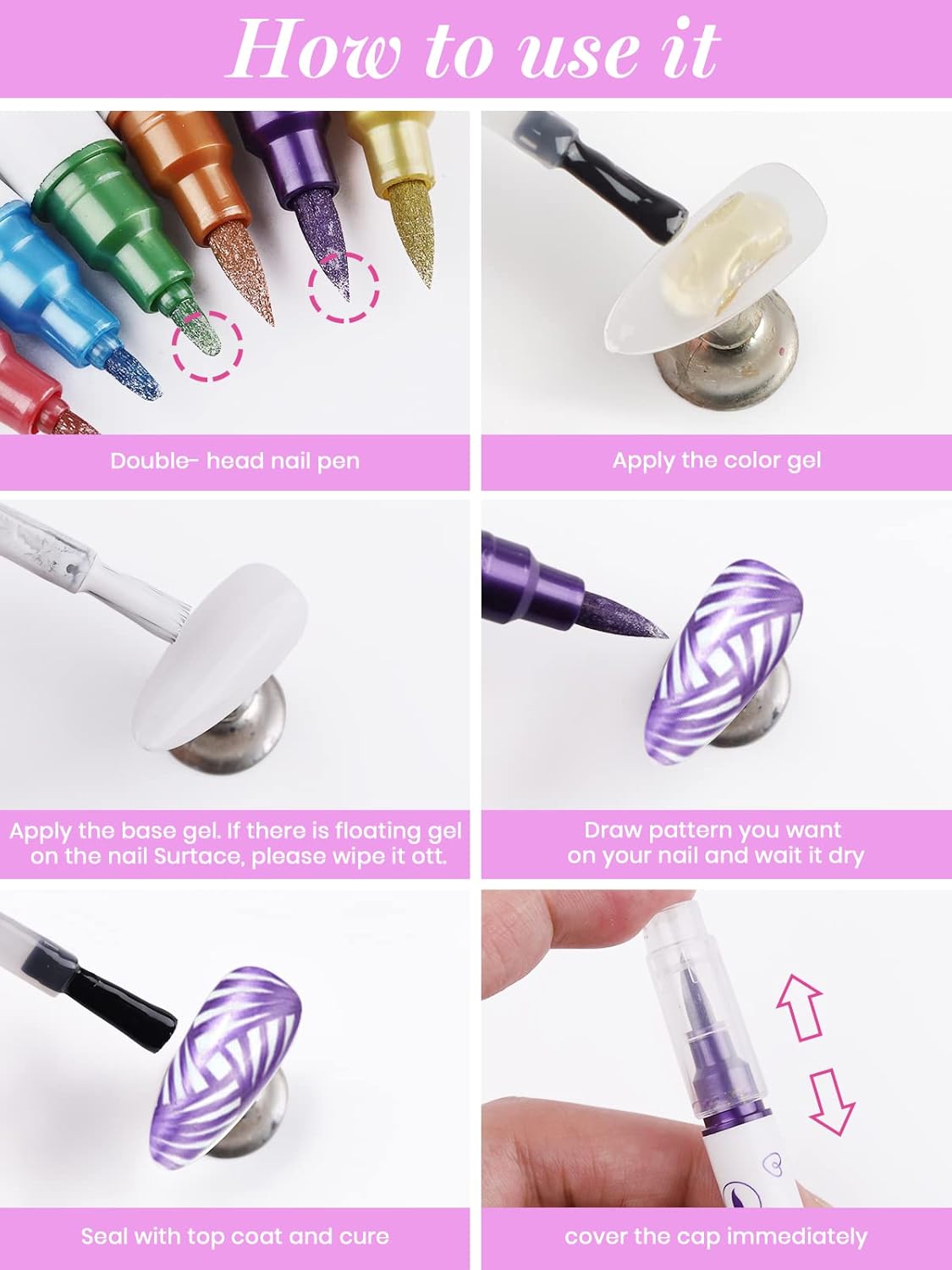 10 Color Metal Giltter 3D Nail Art Pens Set, Kalolary Double-ended Nail Point Dotting Pen Drawing Painting Liner Brush for DIY Nail Art Beauty Adorn Manicure Tools(G)