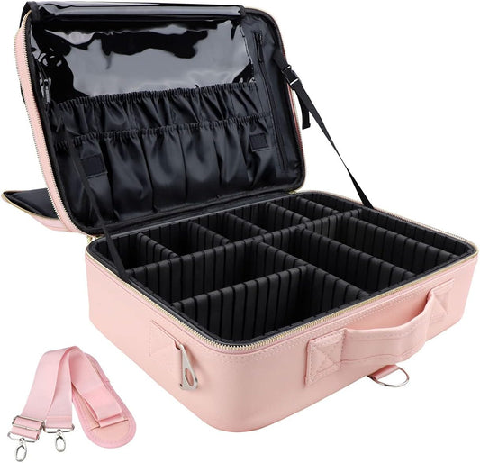JOURMON Travel Makeup Case Portable Makeup Train Case Organizer Cosmetic Bag with Adjustable Dividers and Shoulder Strap for Makeup Brushes Toiletry Travel Accessories(Pink, L)