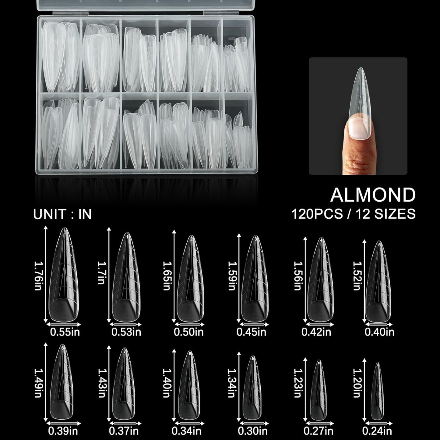 120Pcs Matte Dual Nail Forms,Long Almond Extension Poly Nail Gel Nail Forms Full Cover Nail Molds 12 Sizes for Solid Nail Gel Glue Nail Art Design Salon&DIY