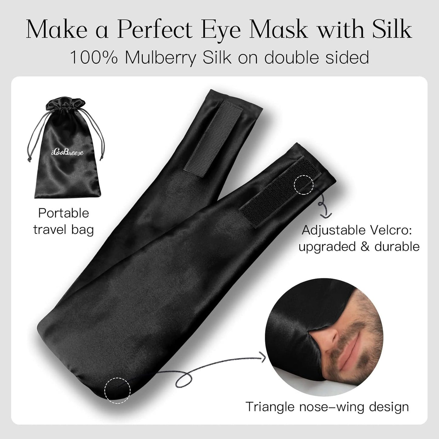 100% Natural Silk Eye Mask for Women Men, Soft Pressureless Cooling Blackout Eye Covers for Sleeping, Large Size Sleep Mask fits All Heads Adjustable, 1PC, Black