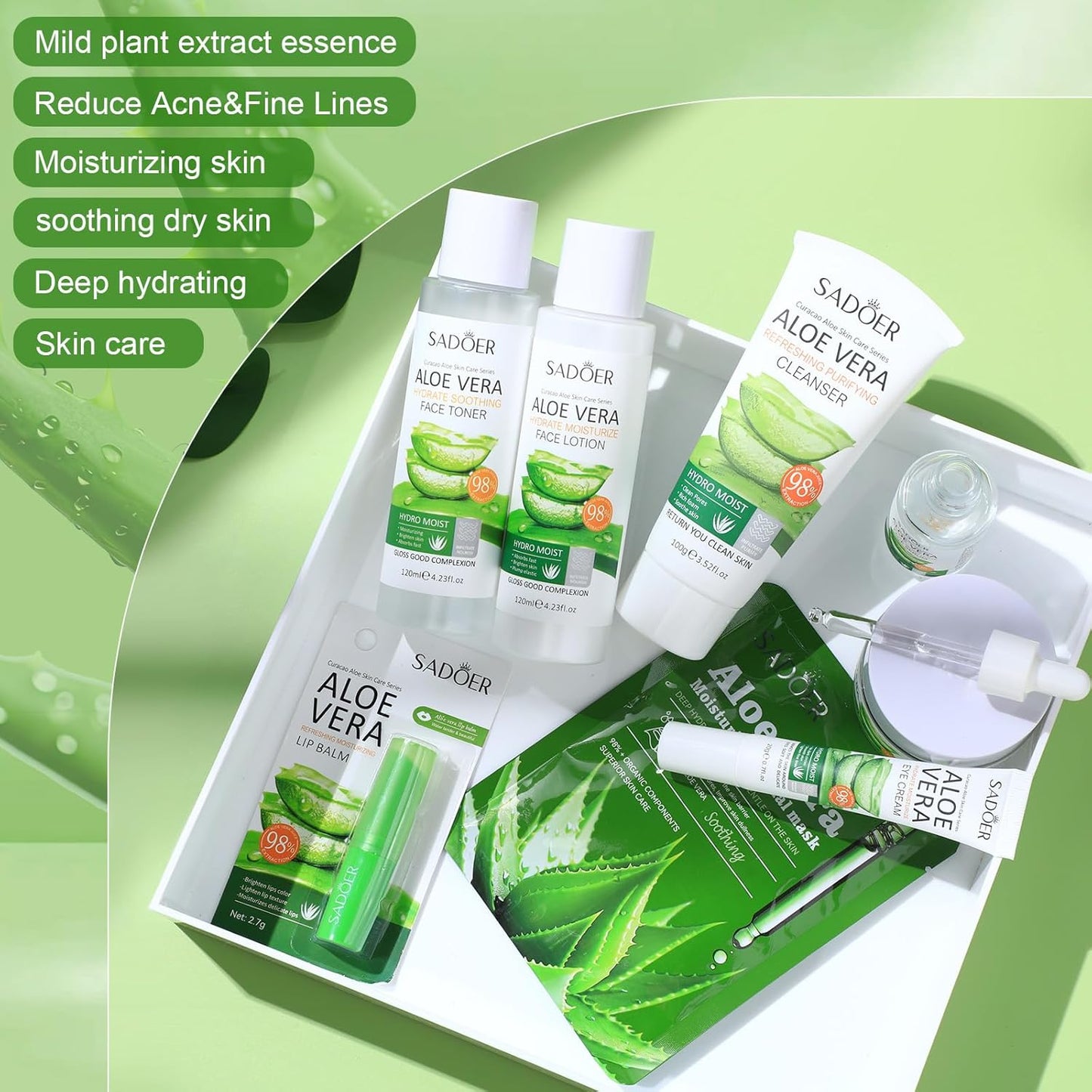 10 Pcs Skin Care Sets Face Care Set for Women Includes 1 Pcs Cleanser, Toner, Lotion, Eye Cream, Serum, Face Cream, Lip Balm and 3 Facial Masks Skincare Gift for Girls (Aloe Vera)