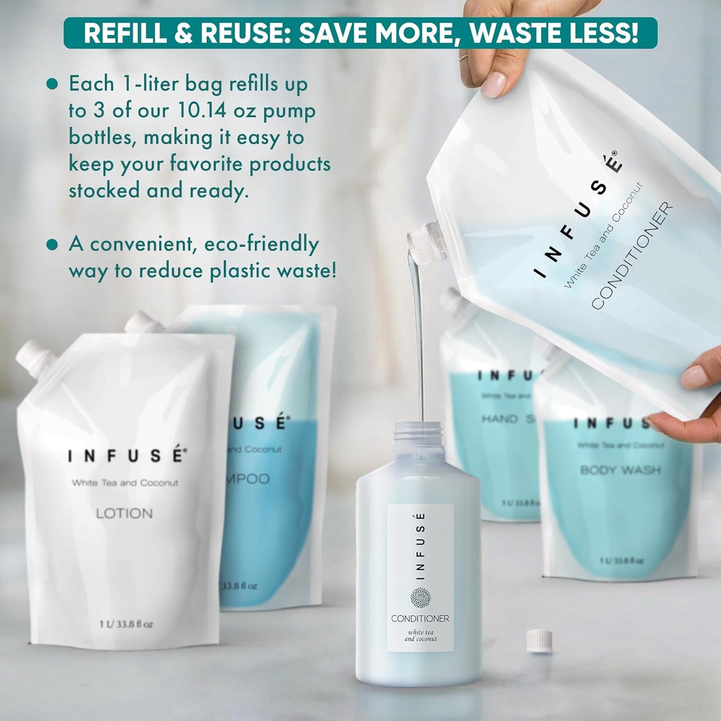 1 Liter Conditioner Refill Bag For Soap Dispensers | Bulk Toiletries for Vacation Rentals, and Home Bathroom Showers | White Tea and Coconut | Single