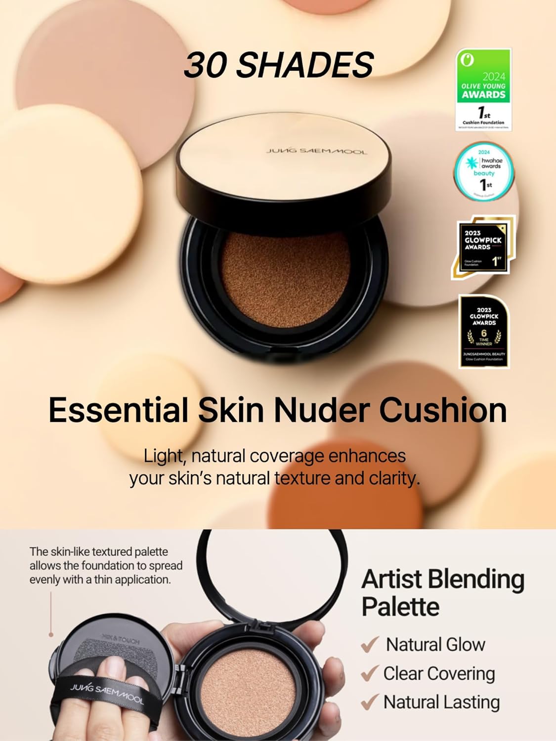 JUNG SAEM MOOL Essential Skin Nuder Cushion 21W Medium 0.49 Fl Oz, No Refill, Natural Radiant Finish Cushion Foundation with Buildable Coverage, Lightweight Texture, Korean Foundation Makeup