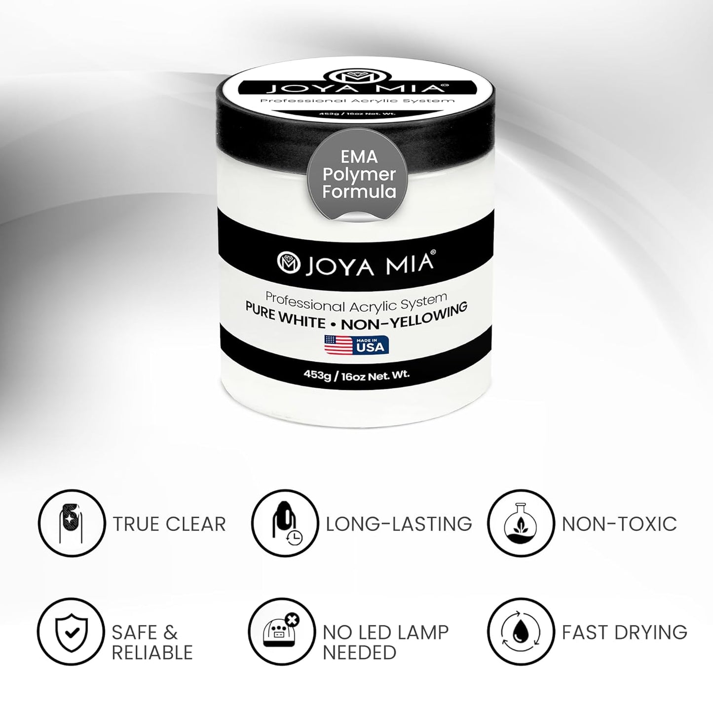 Joya Mia Acrylic Powder for Nails, MMA-Free, Super Adhesion Professional Powder for Flawless & Long-Lasting Nail Enhancements, Easy Application, Vibrant & Stunning Colors - Pure White, 16 oz