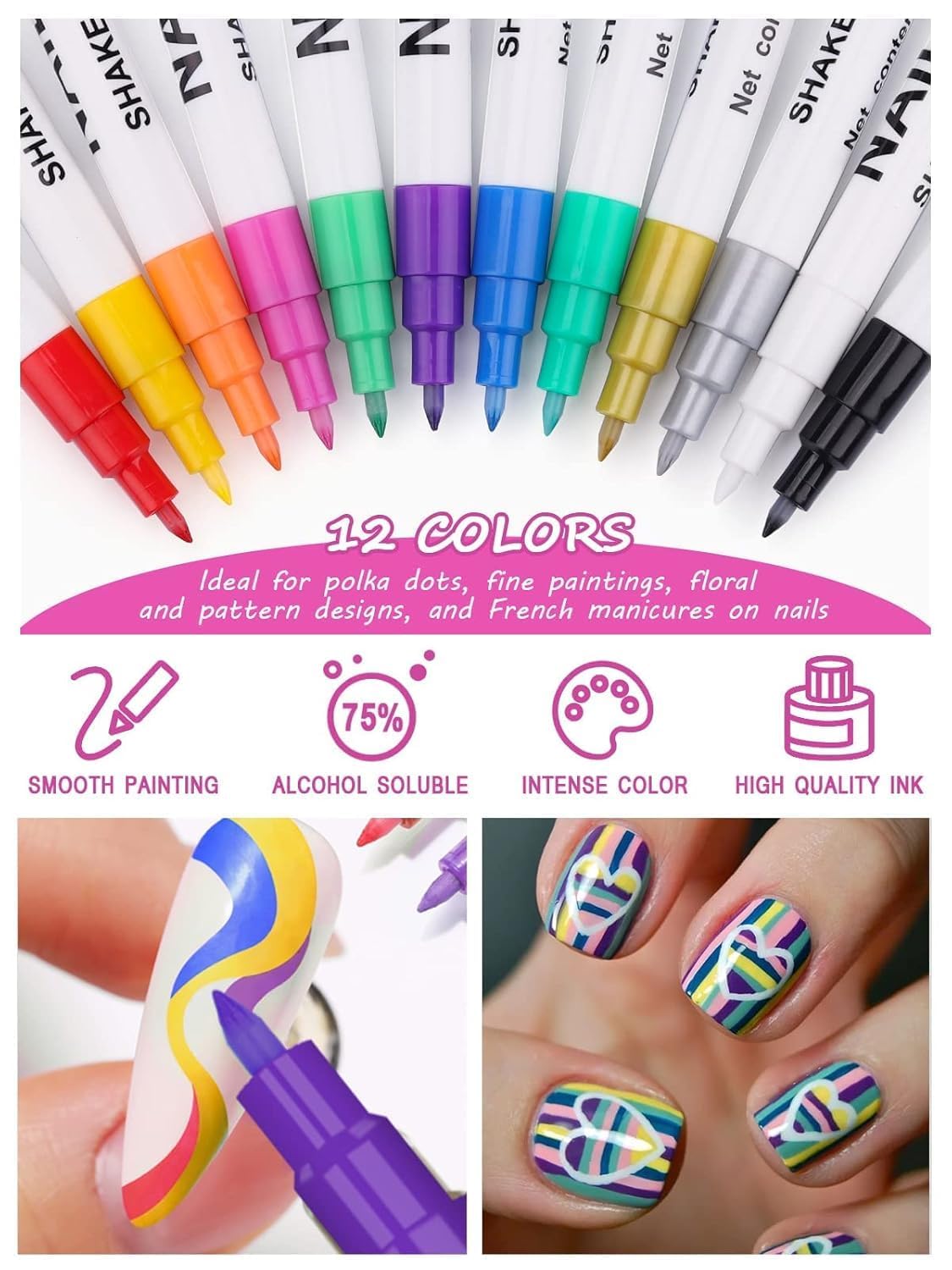 12 Color 3D Nail Art Pens Set, Kalolary 0.7mm Nail Point Graffiti Dotting Pen Drawing Painting Liner Brush for DIY Nail Art Beauty Adorn Manicure Tools