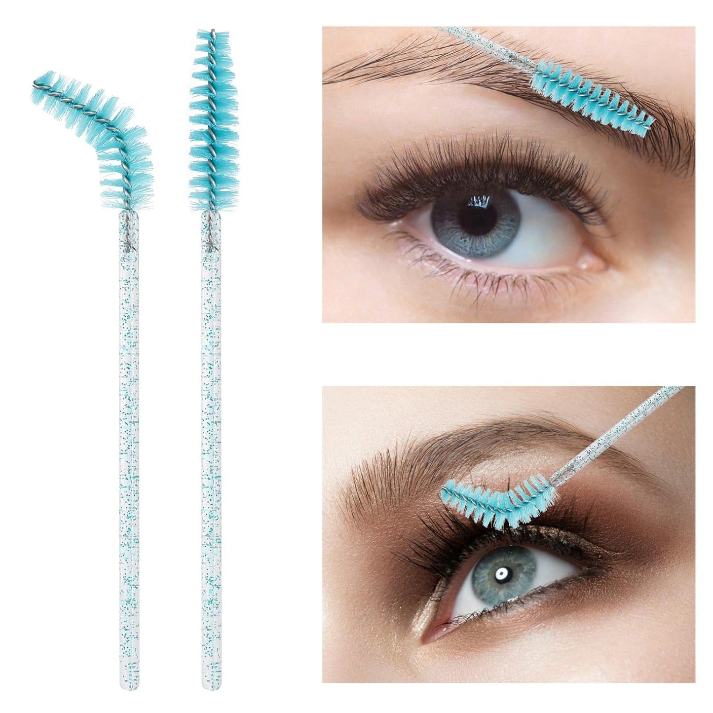 100 Pcs Disposable Mascara Wands, Crystal Eyebrow Spoolies Brush for Eyelash Extensions, Lash Brushes with Container (Blue)