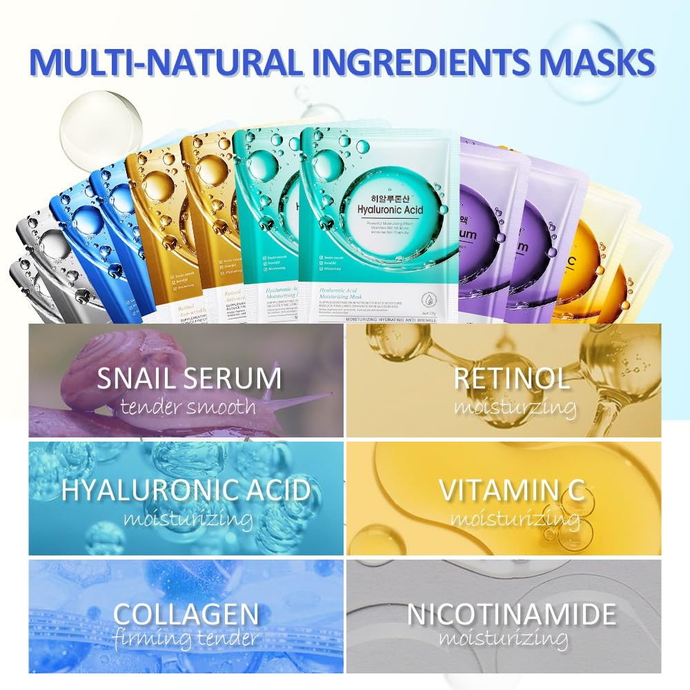 12 Pack Face Sheet Mask Skincare,Hydrating Face Mask For Sensitive Skin,Moisturize,Soothing,Nourish for All Skin Types,Natural Spa Party Facial Mask Skincare Set for Women Men Girls