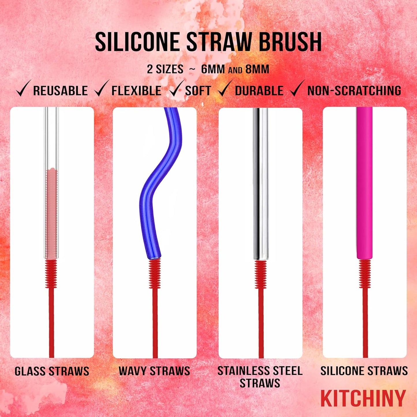 12.5" Silicone Bottle Brush & Straw Cleaner Brush Set | Water Bottle Cleaner for Hydro Flasks, Tumblers, Glassware, Vases and Narrow Neck Containers