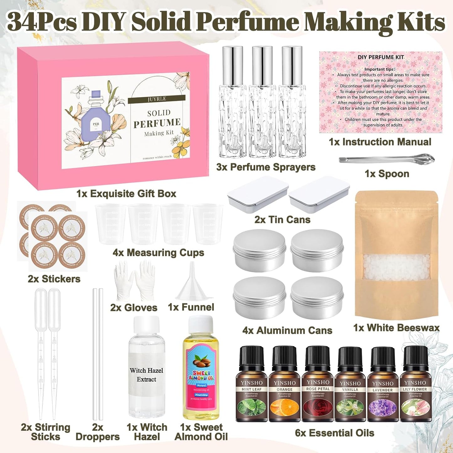 JUYRLE Perfume Making Kit- DIY Solid Perfume Making Kits for Women, Portable Pocket Solid Balm with Travel Size Bottle, Make Your Own Fragrance, Fragrance Blam Gifts for Girls