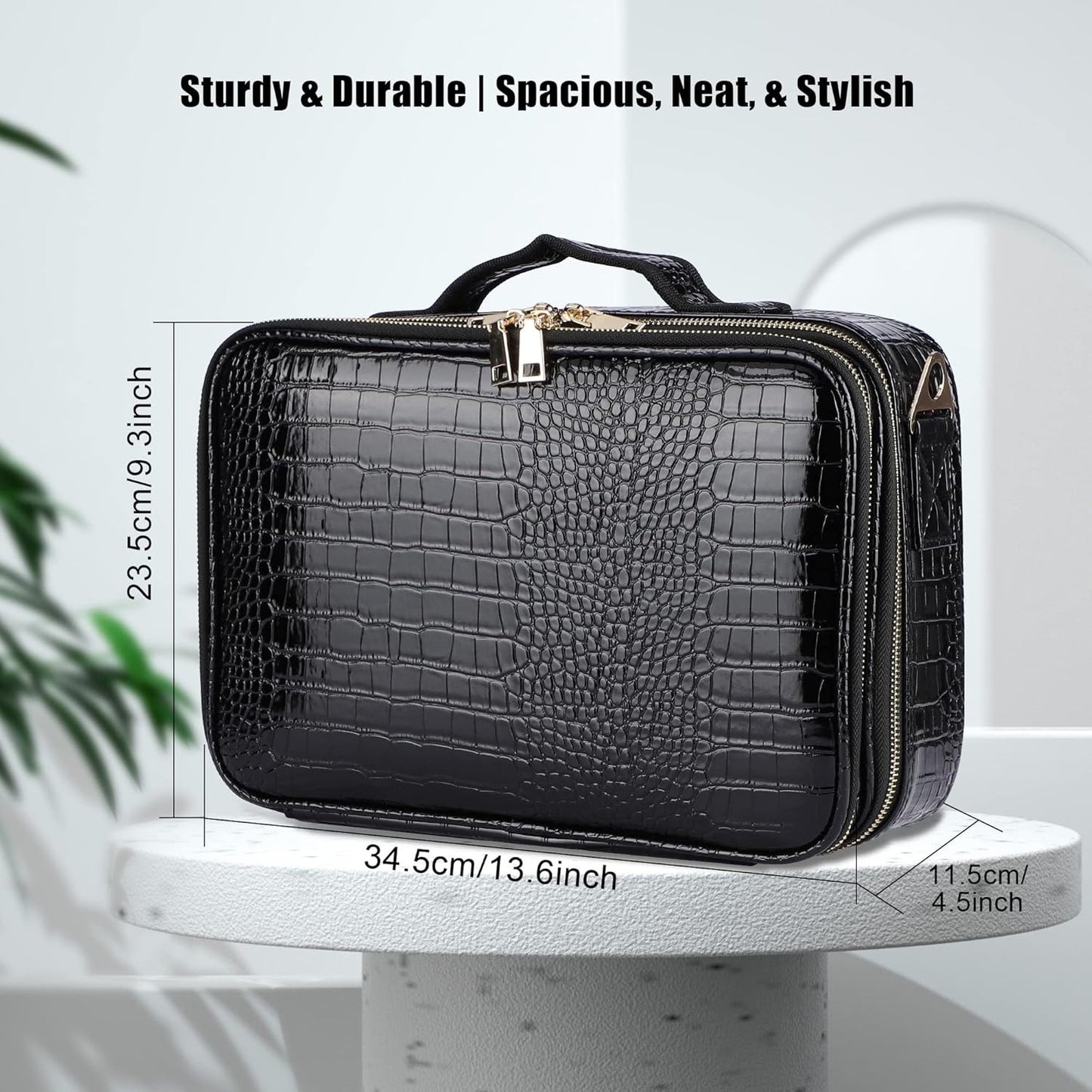 JOURMON Travel Makeup Case 3 Layers Makeup Train Case Crocodile Makeup Bag Organizer Portable Artist Storage Bag with Adjustable Dividers and Shoulder Strap