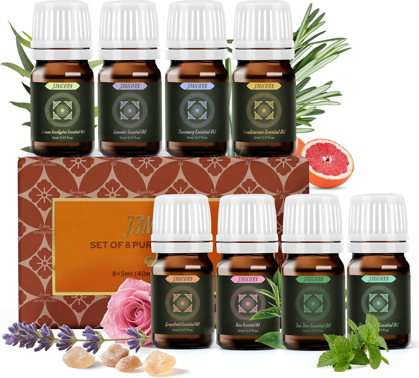 100% Pure & Undiluted Single Essential Oils Gift Set – 8×5ml for Diffuser, Sauna, Aromatherapy, Spa & Candle Making – Lavender, Frankincense, Lemon Eucalyptus, Rosemary, Peppermint & More